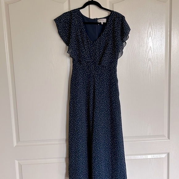 Charles Henry navy scattered dot flutter sleeve wide leg jumpsuit size small - Picture 2 of 10